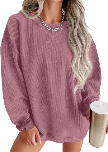 Womens Sweatshirts Casual Cored Corduroy Pullover Tops Oversized Long Sleeve Crewneck Shirts in Saudi Arabia