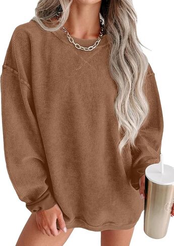 Womens Sweatshirts Casual Cored Corduroy Pullover Tops Oversized Long Sleeve Crewneck Shirts in Saudi Arabia