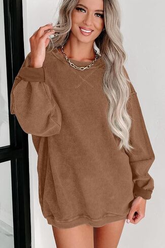 Womens Sweatshirts Casual Cored Corduroy Pullover Tops Oversized Long Sleeve Crewneck Shirts in Saudi Arabia
