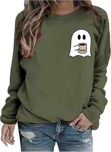 RFBIQI Halloween Spooky Coffee Sweatshirt Womens Cute Ghost Graphic Long Sleeve Shirt Fall Coffee Lover Casual Pullover Tops in Kuwait