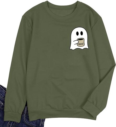 RFBIQI Halloween Spooky Coffee Sweatshirt Womens Cute Ghost Graphic Long Sleeve Shirt Fall Coffee Lover Casual Pullover Tops in Kuwait