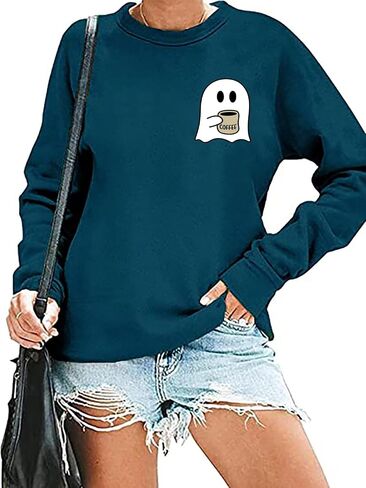 RFBIQI Halloween Spooky Coffee Sweatshirt Womens Cute Ghost Graphic Long Sleeve Shirt Fall Coffee Lover Casual Pullover Tops in Kuwait
