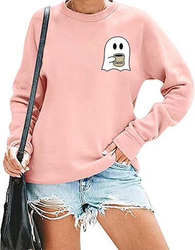 RFBIQI Halloween Spooky Coffee Sweatshirt Womens Cute Ghost Graphic Long Sleeve Shirt Fall Coffee Lover Casual Pullover Tops in Kuwait