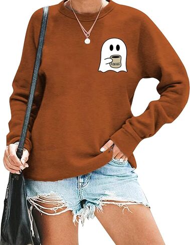 RFBIQI Halloween Spooky Coffee Sweatshirt Womens Cute Ghost Graphic Long Sleeve Shirt Fall Coffee Lover Casual Pullover Tops in Kuwait