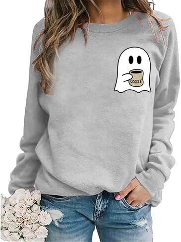 RFBIQI Halloween Spooky Coffee Sweatshirt Womens Cute Ghost Graphic Long Sleeve Shirt Fall Coffee Lover Casual Pullover Tops in Kuwait