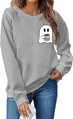 RFBIQI Halloween Spooky Coffee Sweatshirt Womens Cute Ghost Graphic Long Sleeve Shirt Fall Coffee Lover Casual Pullover Tops in Kuwait