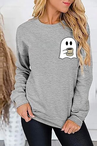RFBIQI Halloween Spooky Coffee Sweatshirt Womens Cute Ghost Graphic Long Sleeve Shirt Fall Coffee Lover Casual Pullover Tops in Kuwait