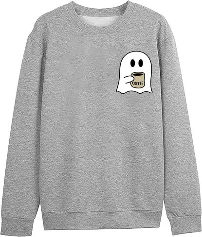 RFBIQI Halloween Spooky Coffee Sweatshirt Womens Cute Ghost Graphic Long Sleeve Shirt Fall Coffee Lover Casual Pullover Tops in Kuwait