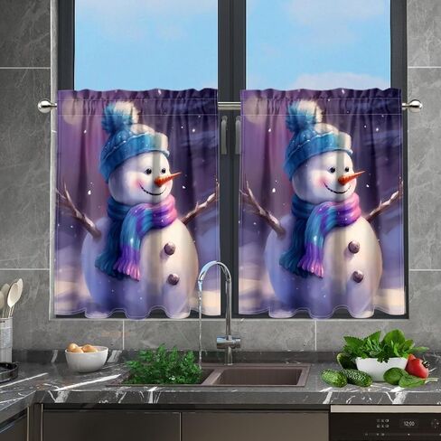 Kitchen Curtains Tier Curtain Snowman Christmas 27.5 Inch Cafe Curtains Farmhouse for Bathroom 2 Panels Black Short Window Tiers in Saudi Arabia