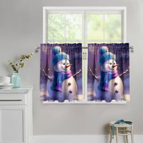 Kitchen Curtains Tier Curtain Snowman Christmas 27.5 Inch Cafe Curtains Farmhouse for Bathroom 2 Panels Black Short Window Tiers in Saudi Arabia