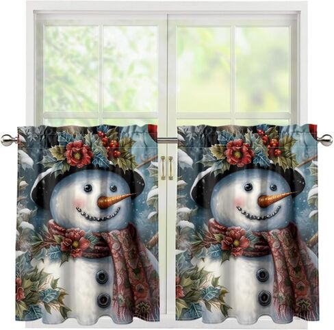 Kitchen Curtains Tier Curtain Snowman Christmas 27.5 Inch Cafe Curtains Farmhouse for Bathroom 2 Panels Black Short Window Tiers in Saudi Arabia