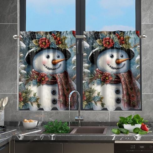 Kitchen Curtains Tier Curtain Snowman Christmas 27.5 Inch Cafe Curtains Farmhouse for Bathroom 2 Panels Black Short Window Tiers in Saudi Arabia