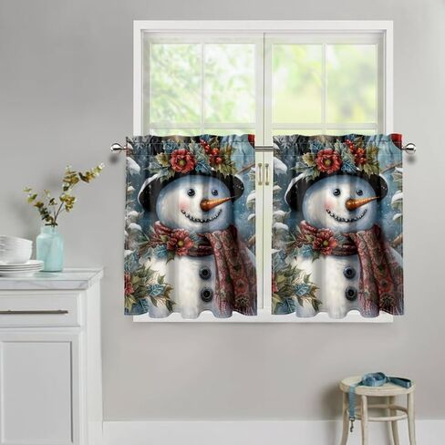 Kitchen Curtains Tier Curtain Snowman Christmas 27.5 Inch Cafe Curtains Farmhouse for Bathroom 2 Panels Black Short Window Tiers in Saudi Arabia