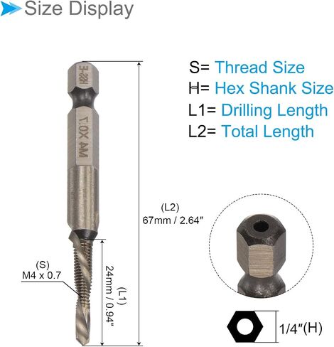 مثقاب مركب وريشة صنبور، M8 × 1.25 حجم الخيط 1/4 بوصة ساق سداسية، 6542 أدوات فولاذية عالية السرعة مطلية بالتيتانيوم - (التطبيقات: للبلاستيك الألومنيوم والفولاذ المقاوم للصدأ) in Saudi Arabia