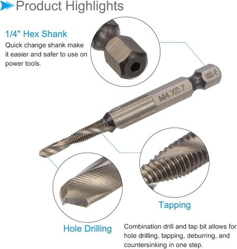 مثقاب مركب وريشة صنبور، M8 × 1.25 حجم الخيط 1/4 بوصة ساق سداسية، 6542 أدوات فولاذية عالية السرعة مطلية بالتيتانيوم - (التطبيقات: للبلاستيك الألومنيوم والفولاذ المقاوم للصدأ) in Saudi Arabia