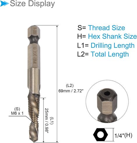 مثقاب مركب وريشة صنبور، M8 × 1.25 حجم الخيط 1/4 بوصة ساق سداسية، 6542 أدوات فولاذية عالية السرعة مطلية بالتيتانيوم - (التطبيقات: للبلاستيك الألومنيوم والفولاذ المقاوم للصدأ) in Saudi Arabia