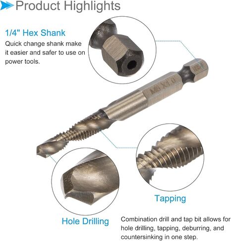 مثقاب مركب وريشة صنبور، M8 × 1.25 حجم الخيط 1/4 بوصة ساق سداسية، 6542 أدوات فولاذية عالية السرعة مطلية بالتيتانيوم - (التطبيقات: للبلاستيك الألومنيوم والفولاذ المقاوم للصدأ) in Saudi Arabia