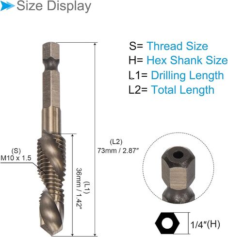 مثقاب مركب وريشة صنبور، M8 × 1.25 حجم الخيط 1/4 بوصة ساق سداسية، 6542 أدوات فولاذية عالية السرعة مطلية بالتيتانيوم - (التطبيقات: للبلاستيك الألومنيوم والفولاذ المقاوم للصدأ) in Saudi Arabia