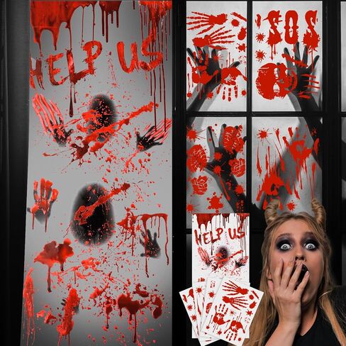 Halloween Decorations, 78" x 35" Bloody Horror Poster with 14" x 10" Handprint Footprint Stickers Windows Clings Wall Decals Temporary Tattoos Zombie Theme Party Indoor Outdoor, 1+4 Sheets in Saudi Arabia