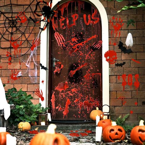 Halloween Decorations, 78" x 35" Bloody Horror Poster with 14" x 10" Handprint Footprint Stickers Windows Clings Wall Decals Temporary Tattoos Zombie Theme Party Indoor Outdoor, 1+4 Sheets in Saudi Arabia
