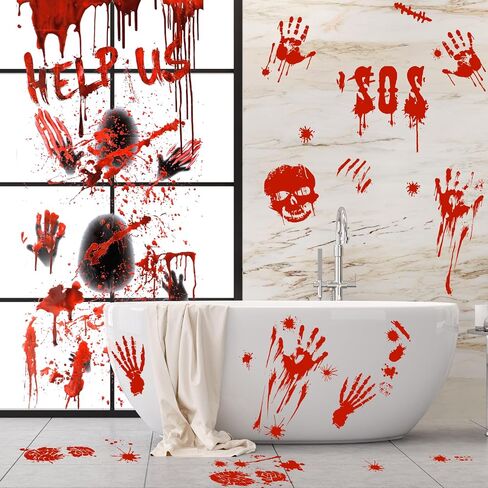 Halloween Decorations, 78" x 35" Bloody Horror Poster with 14" x 10" Handprint Footprint Stickers Windows Clings Wall Decals Temporary Tattoos Zombie Theme Party Indoor Outdoor, 1+4 Sheets in Saudi Arabia