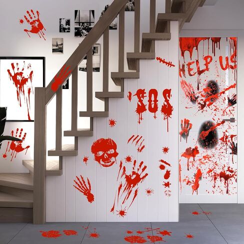 Halloween Decorations, 78" x 35" Bloody Horror Poster with 14" x 10" Handprint Footprint Stickers Windows Clings Wall Decals Temporary Tattoos Zombie Theme Party Indoor Outdoor, 1+4 Sheets in Saudi Arabia