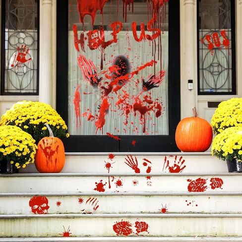 Halloween Decorations, 78" x 35" Bloody Horror Poster with 14" x 10" Handprint Footprint Stickers Windows Clings Wall Decals Temporary Tattoos Zombie Theme Party Indoor Outdoor, 1+4 Sheets in Saudi Arabia