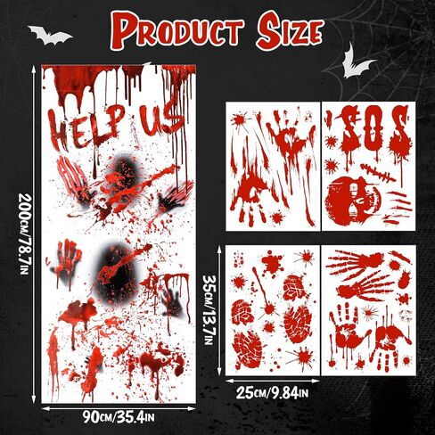Halloween Decorations, 78" x 35" Bloody Horror Poster with 14" x 10" Handprint Footprint Stickers Windows Clings Wall Decals Temporary Tattoos Zombie Theme Party Indoor Outdoor, 1+4 Sheets in Saudi Arabia
