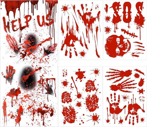 Halloween Decorations, 78" x 35" Bloody Horror Poster with 14" x 10" Handprint Footprint Stickers Windows Clings Wall Decals Temporary Tattoos Zombie Theme Party Indoor Outdoor, 1+4 Sheets in Saudi Arabia