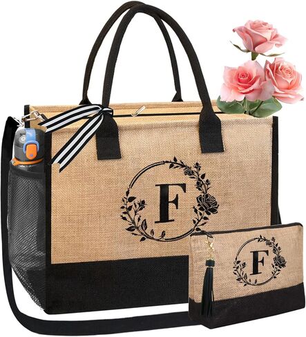 BeeGreen Birthday Gifts for Women Initial Jute Tote Bag for Friends Mother Bride Appreciation Gifts Bag Beach Tote Bag with Magnetic Buckle Embroidery Large Personalized Gifts for Wedding B in Saudi Arabia