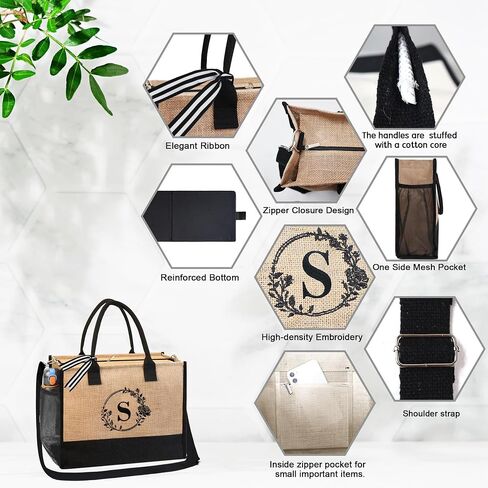 BeeGreen Birthday Gifts for Women Initial Jute Tote Bag for Friends Mother Bride Appreciation Gifts Bag Beach Tote Bag with Magnetic Buckle Embroidery Large Personalized Gifts for Wedding B in Saudi Arabia
