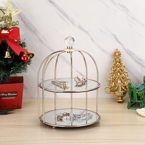 حامل كب كيك مرآة ذهبية من ELLDOO، صينية تنظيم خزانة الملابس ذات طبقتين على شكل قفص الطيور، صينية حلية المجوهرات، صينية العطور، صينية المكياج، صينية تخزين الحمام in Kuwait
