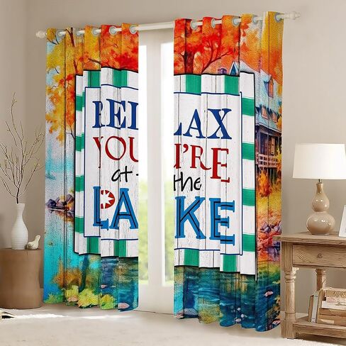 Rustic Farmhouse Window Curtain Lake House Curtains for Kids Teens Men Women Home Decor Retro Blue Green Wooden Board Window Treatment Curtain Fishing Lover Window Drapes,Top 2 Panel,38Wx45L in Kuwait