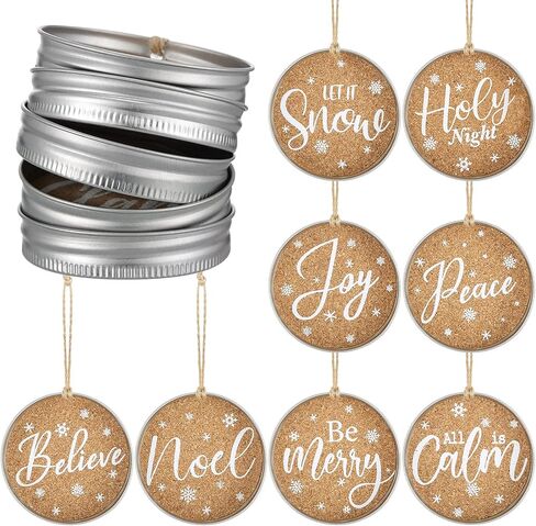 Queekay 16 Pieces Mason Jar Canning Lid Christmas Tree Ornaments Farmhouse Rustic Galvanized Hanging Decorations Xmas Jar Lid Decor with Peace, Joy, Noel for Christmas Party, 8 Styles in Saudi Arabia