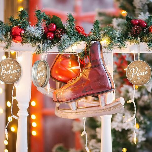 Queekay 16 Pieces Mason Jar Canning Lid Christmas Tree Ornaments Farmhouse Rustic Galvanized Hanging Decorations Xmas Jar Lid Decor with Peace, Joy, Noel for Christmas Party, 8 Styles in Saudi Arabia