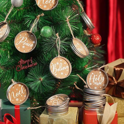 Queekay 16 Pieces Mason Jar Canning Lid Christmas Tree Ornaments Farmhouse Rustic Galvanized Hanging Decorations Xmas Jar Lid Decor with Peace, Joy, Noel for Christmas Party, 8 Styles in Saudi Arabia