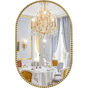 Oval Mirror for Wall, 24x36 Inch Gold Oval Bathroom Mirror, Antigue Gold Oval Vanity Mirrors, Metal Floral Frame Mirror for Bedroom Living Room Hallway, Hangs Horizontally or Vertically