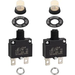 BlueStars 2 Packs 25Amp Thermal Circuit Breaker 125/250V AC 32V DC - Overload Protector with Push Button Manual Reset, Quick Connect Terminals, Waterproof Button Caps, Screws Kit