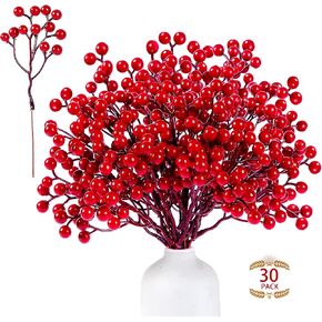 Sggvecsy 30 Pack Artificial Red Berry Stems 7.8inch Christmas Red Berry Picks Holly Berry Branches for Christmas Tree Decorations DIY Crafts Xmas Ornaments Wedding Holiday Home Decor