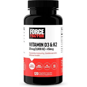 FORCE FACTOR Vitamin D3 K2 to Support Immunity, Heart Health, Bone Support, and More, High-Potency 2-in-1 Formula, Vegan, No Gelatin, Non-GMO, 120 Capsules