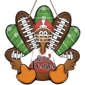 Deroro Thanksgiving Give Thanks Turkey Front Door Sign, Fall Football Sport Game Wood Door Hanger Outdoor Outside Porch Decor, Autumn Rugby Wooden Wreath Indoor Wall Hanging Decoration