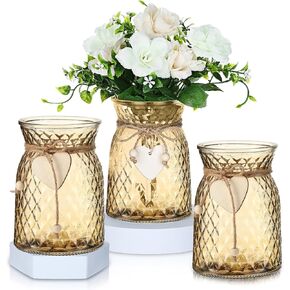 3 قطع من المزهريات الزجاجية مع حبل خيوط وملصقات على شكل قلب، مزهرية كلاسيكية من بوهو مقاس 6.3 بوصة، مزهرية زجاجية رومانسية مزخرفة بزهرة ريفية لتزيين قطع مركزية لطاولات الزفاف (شفاف) in Kuwait