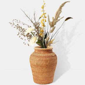 Rattan Vase, Braided Boho Vases for Pampas Grass & Flower Arrangement, Hand Woven Decorative Vases for Home Decor, Rustic Farmhouse Round Wicker Vase Basket for Centerpieces 8-in Tall, Brown