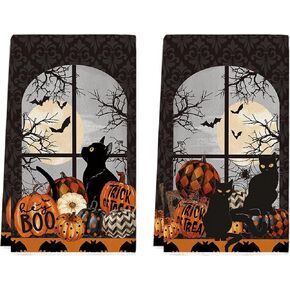 Artoid Mode Black Cat Moon Pumpkin Halloween Kitchen Towels Dish Towels, 18x26 Inch Bats Trick Or Treat Decoration Hand Towels Set of 2