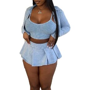 طقم بدلات رياضية نسائية من Molilove مكون من 3 قطع جاكيت قصير بأكمام طويلة بدون أكمام رياضي وتنورة صغيرة بدلة رياضية للربيع والصيف in Kuwait