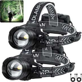 Rechargeable Headlamp, 990,000 Lumens LED Head Lamp with 3 Light Modes, USB Rechargeable, 90°Adjustable, Waterproof, Super Bright Headlamps for Adults Camping Running Biking (ΒATTERY Included)