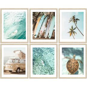EVPYXFUT Set of 6 Tropical Beach Canvas Wall Art Surf Poster Summer Ocean Coastal Pictures Turtle Print Palm Tree Surfboard Gallery Paintings Nautical Bus Wall Decor for Bedroom Bathroom Unframed