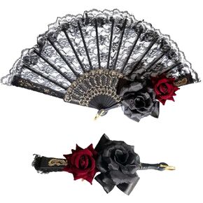 Halloween Black Hand Fan Lace Rose Handheld Vintage Flower Large Folding Fan Women Elegant Party Photo Props Wedding Bridal Decoration