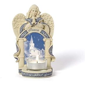 Pavilion Gift Company Angel w/Church Scene Figurine, Off-White, Blue