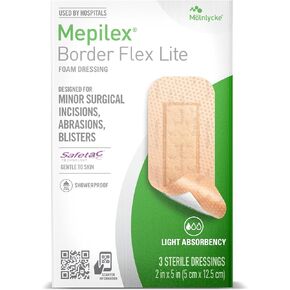 ضمادات Mepilex Border Flex Lite 2 × 5 بوصة (5 × 12.5 سم) من فئة المستشفيات للشقوق الجراحية البسيطة والسحجات والبثور للاستخدام لمدة تصل إلى عدة أيام